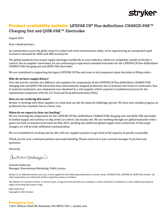 Lifepak CR Plus Charge Pak battery and pads shortage and supply issues August 2021